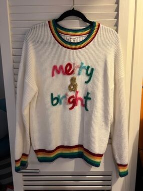 White "Merry & Bright" Rainbow-Trim Sweater